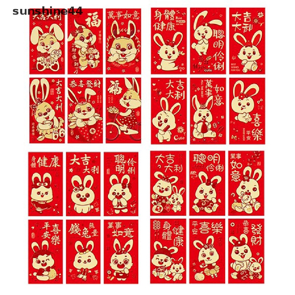 Sunshine 6Pcs / Set 2023 Amplop Angpao Tahun Baru Cina / Imlek Motif Kelinci Warna Merah Bronzing
