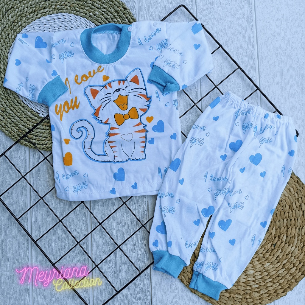 Setelan Piyama Panjang Baju Anak Usia 3-12 Bulan Motif Happy Cat Oblong Kancing Bahu