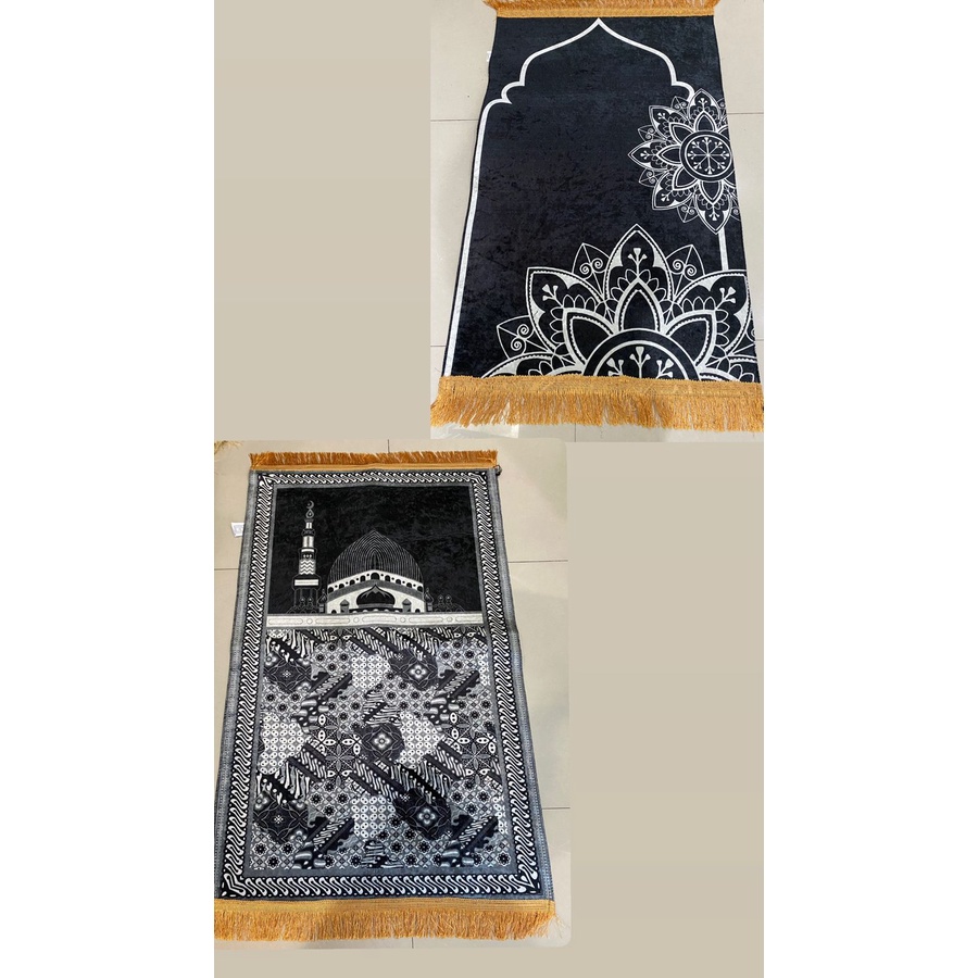 Sajadah Tebal Empuk Busa Kiswah Batik Anti Slip Premium Hitam Rumbai Gold