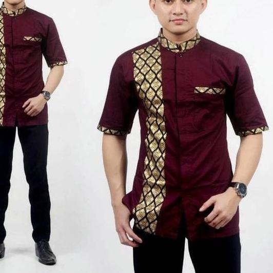 KOKO BATIK MERAH PRADA EMAS/KOKO PRIA/BATIK PRIA/BATIK COUPLE/PAKISTAN - Merah, L