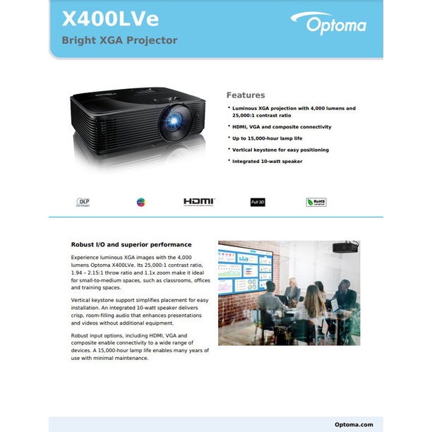 Projector Optoma X400LVe DLP XGA True 4000 Ansi Lumens