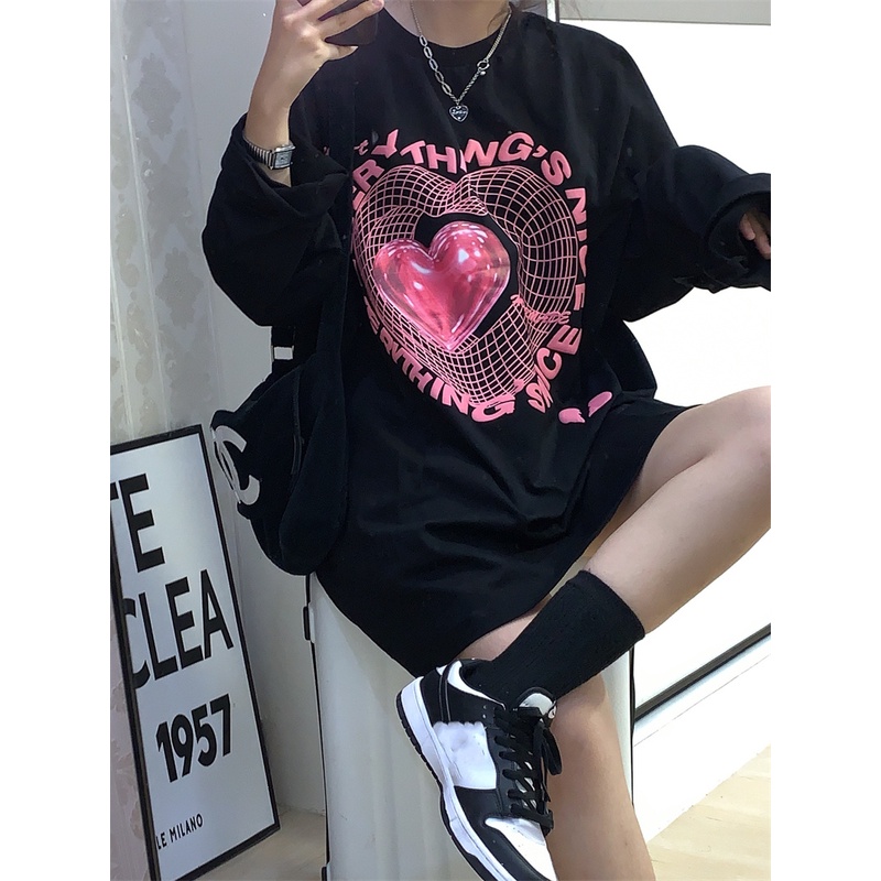 EUNII Sweater Lengan Panjang Pink Heart Korean Style/Hoodie Oversize/Baju Wanita/Switer Wanita