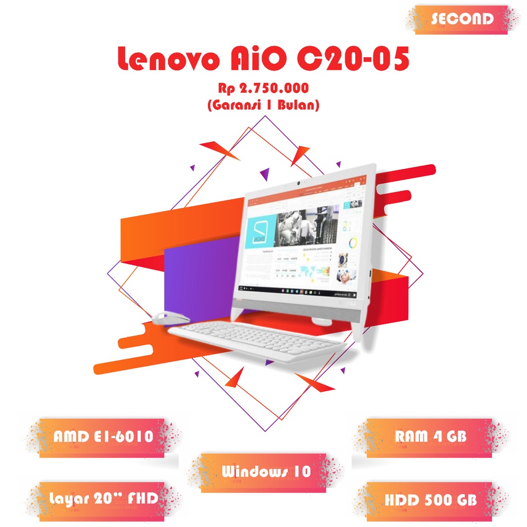 PC AiO Lenovo C20-05 4GB / 500GB 20in Full HD 2 jutaan siap pakai