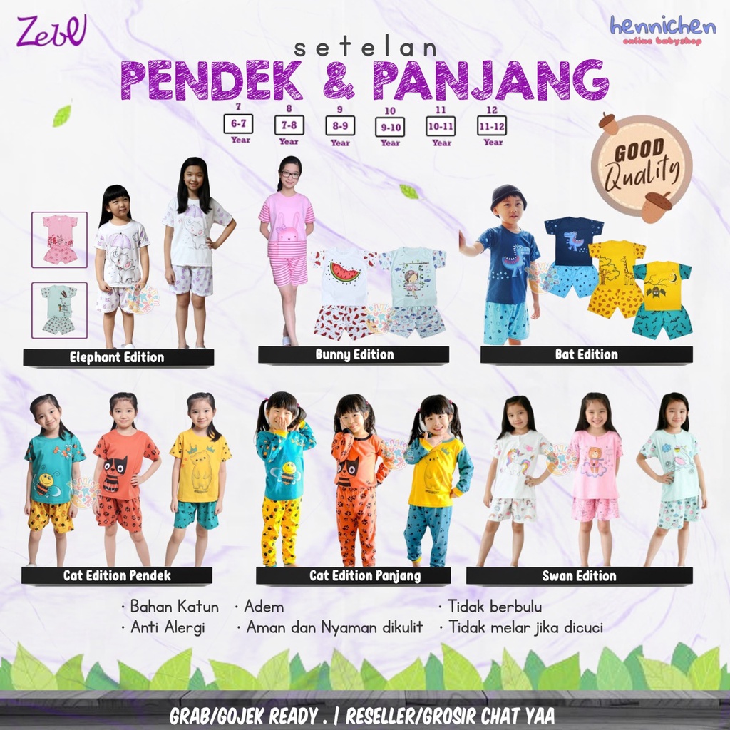 PROMO ZEBE by KAZEL setelan pendek BUNNY / ELEPHANT / SWAN / CAT  BAJU ANAK / BAJU BAYI 6-12 tahun