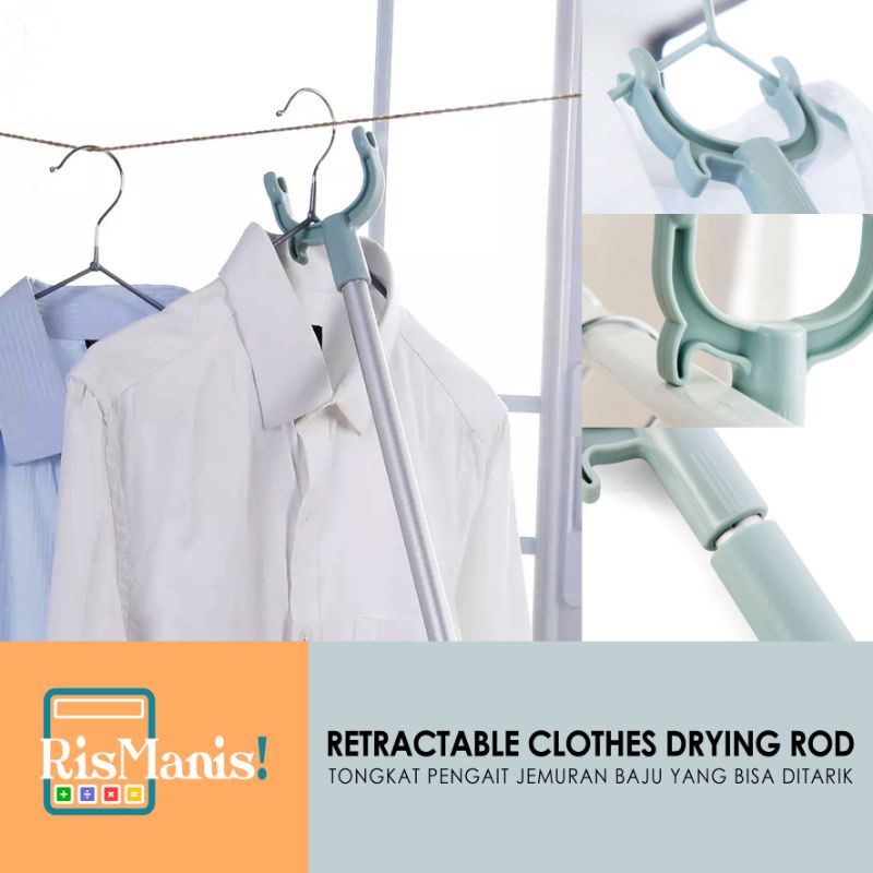 RETRACTABLE CLOTHES DRYING ROD - Tongkat Pengait Hanger Jemuran Tiang Penyangga Gantungan Baju Bisa Ditarik Panjang 1 meter