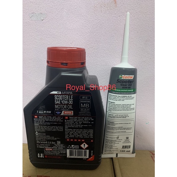 Oli Motul Scooter LE Matic 10w-30 (BIRU) 0,8 Liter &amp; Oli Gardan CASTROL Sae 80W-90 120ml Original