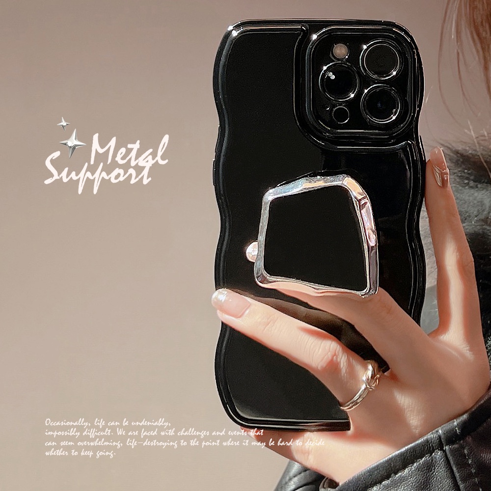 Ins Soft Case Silikon Warna Hitam Dengan Holder Angin Metalik Untuk Iphone 14 11 12 13 PRO MAX