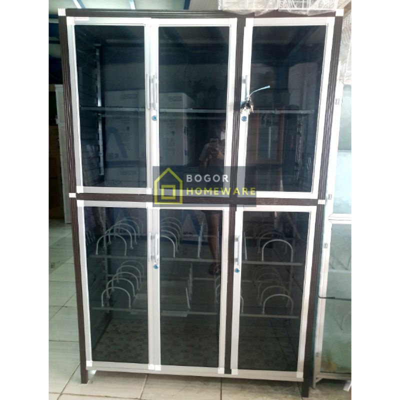 (KHUSUS BOGOR) RAK PIRING LEMARI PIRING FULL BOX 3 PINTU JUMBO KACA RIBEN