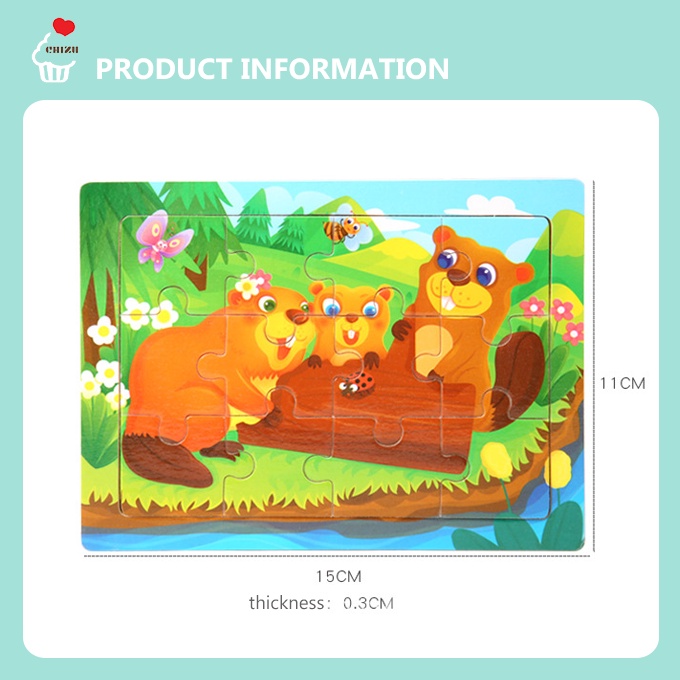 12 Pcs Wooden Jigsaw Puzzle | Puzzle Kayu Background 12 Keping | Puzzel 12pcs Hewan Binatang Dinosaurus Kendaraan Transportasi Kartun Lucu | Mainan Edukatif Edukasi Anak Balita Murah