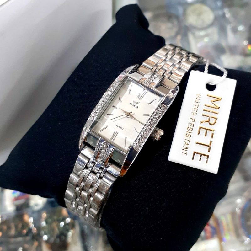 ( BESS SELLER) JAM Tangan Wanita Cantik Mirete Original Motif Permata Persegi Panjang Strap Rantai Stainlees Steel model KASUAL stainliss steel tahan air Free batre cadangan Jam Tangan Kasual Mewah Elegan Cewek Motif Permata / Jam Tangan Wanita mirete