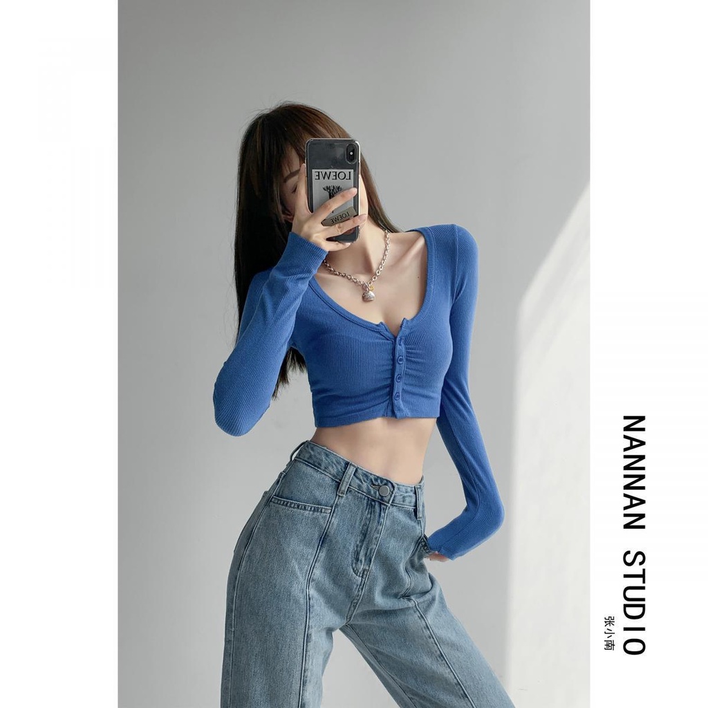 Suhao hot girl sexy cropped pusar pendek lengan panjang T-shirt perempuan musim semi dan musim gugur hot girl melompat dalam putih ketat kardigan atasan pendek