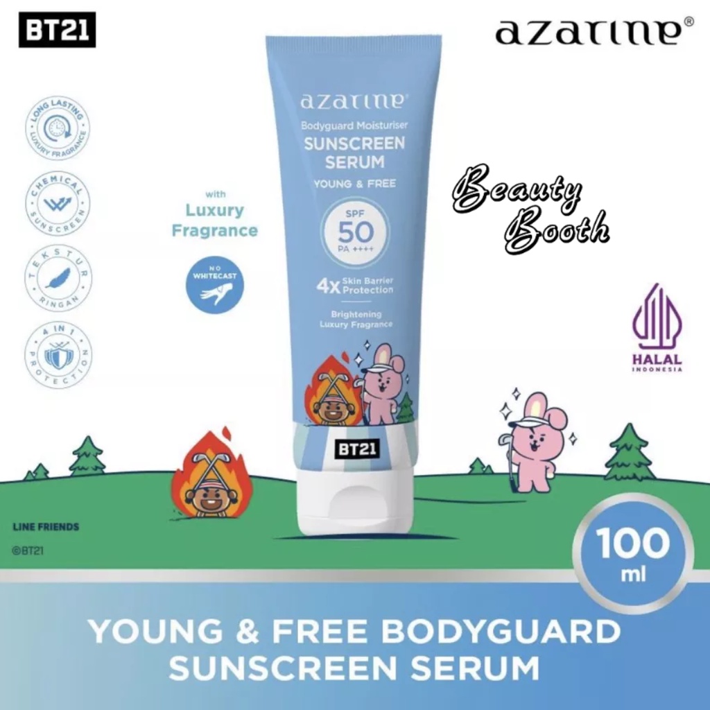 AZARINE Body Guard Moisturizer Sunscreen Serum SPF 50PA ++++ 100ml | Sunscreen BT21 Young &amp; Free | O Clock | Sweet Treats | Magical LuvBaby |