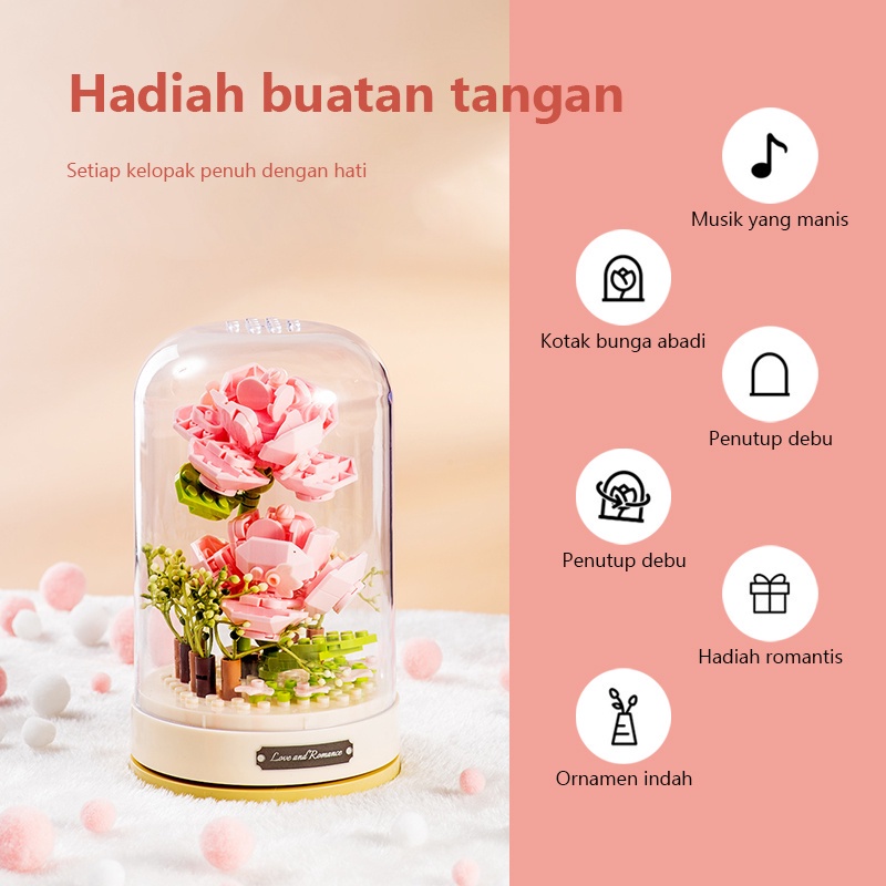 Mainan Balok Kotak Musik Bunga DIY Flower Block Hari Valentine Hadiah Hari Guru Dirakit Blok