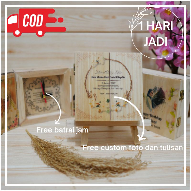 Jam Pintu Kayu Kotak Decorative Unik Box Clock Custom Foto Nama Klasik Mewah Elegan Murah Aesthetic 