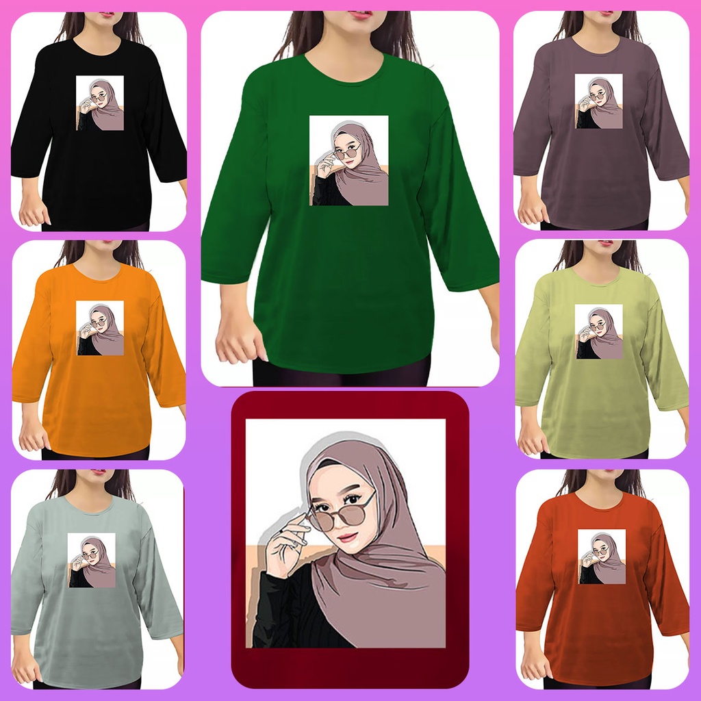 Jual Kaos Atasan Oblong Wanita Jumbo Print Hijab Kacamata Bahan Voxy