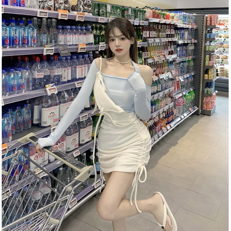 Suhao Musim Gugur Biru Tipis Murni Keinginan Gadis Seksi Off-Shoulder Menggantung Leher Lengan Panjang T-shirt Suspender Rok Dua potong Fashion Wanita