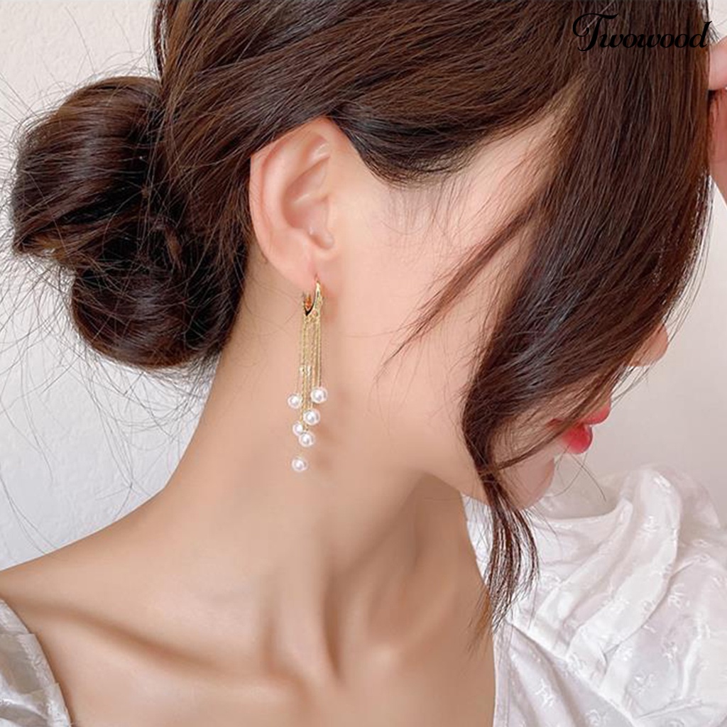 1 Pasang Anting Mutiara Imitasi Model Rumbai Menjuntai Gaya Bohemian Untuk Wanita