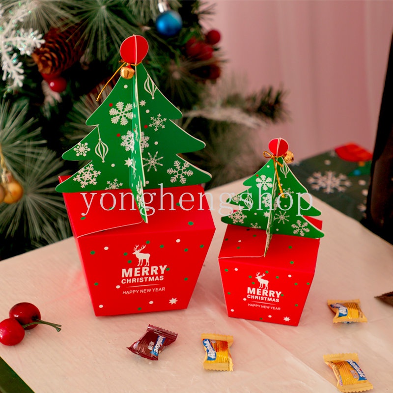5pcs / set Kotak Permen / Cokelat Bentuk Pohon Natal 3D Dengan Lonceng Untuk Hadiah Pesta Tahun Baru