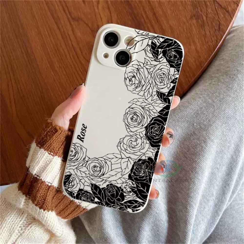 Casing Silikon OPPO A17 A57 2022 A15 A16 A16K A54 A53 A12 A5S A7 A3S A11k A31 A52 A92 A94 A37 F9 A1K Reno 7 6 5F Motif Bunga Mawar Hitam Putih