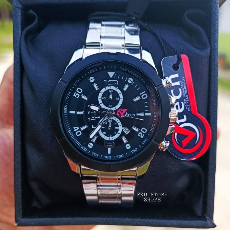 Jam Tangan Pria  V Tech Strap Rantai Stainlees Steel | Tanggal Aktif Anti Air | Free Batrai Cadangan Jam Tangan Kasual Pria Import  Bestseller | Jam Tangan Kasual Pria Sporty Quart Analog Realpick
