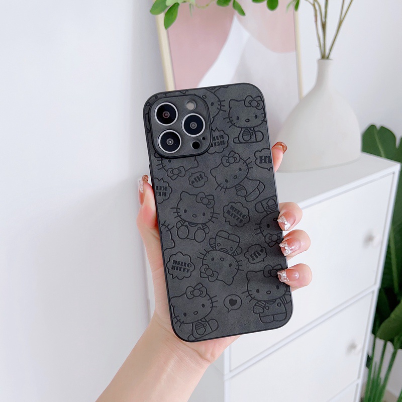 Cute HelloKitty Skin Feeling Full Screen Leather Hard Phone Case Untuk Iphone 7 8 14 Plus 7+ 8+ 14+ IP X Xr Xs Max Casing iPhone 11 12 13 14 Pro Max Sarung Handphone Shin Case