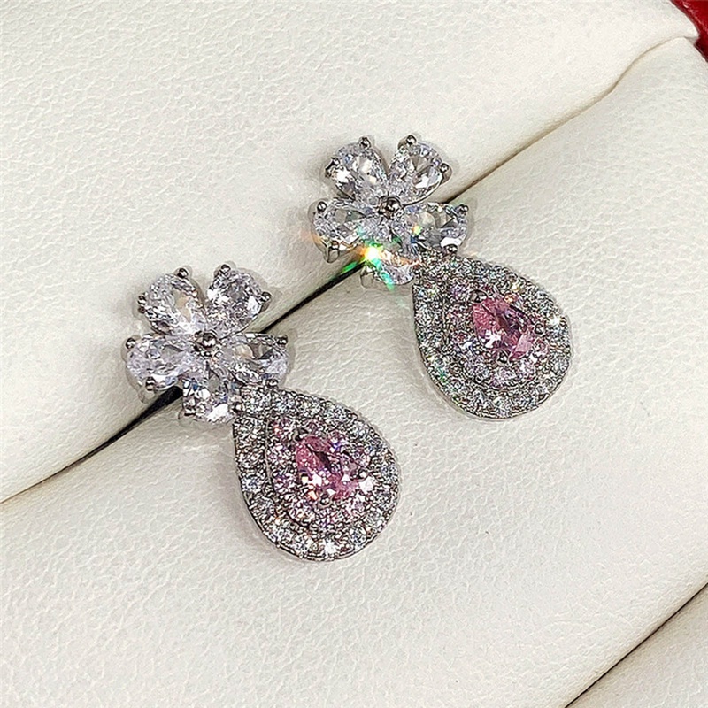 Fancyqube Anting Stud 925 Silver Needle Bentuk Bunga Kecil Hias Berlian Warna Pink