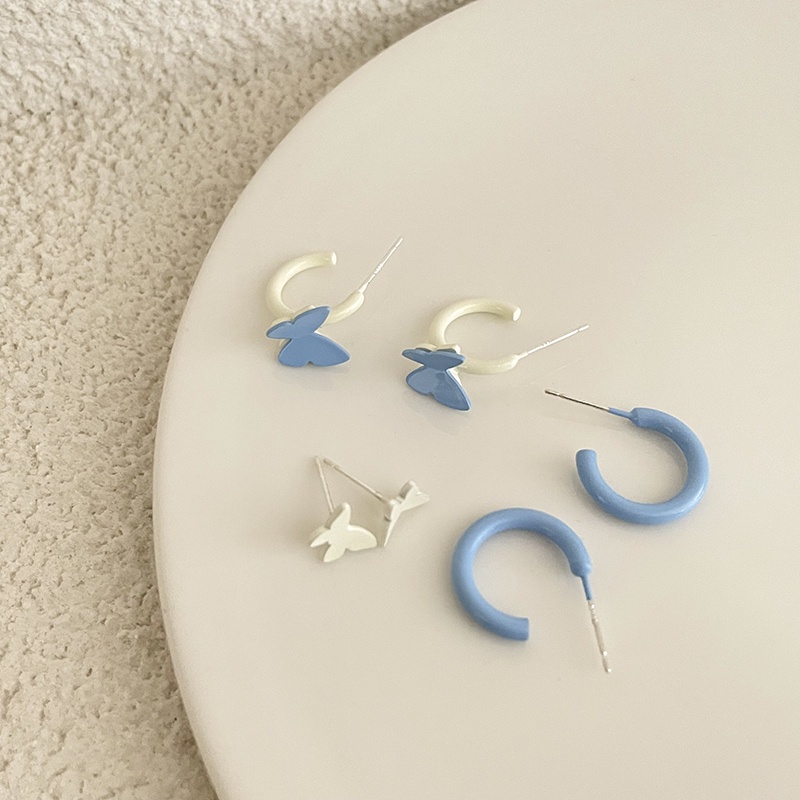 6pcs / set Anting Tusuk Bentuk C Desain Kupu-Kupu Biru Gaya Korea Untuk Wanita