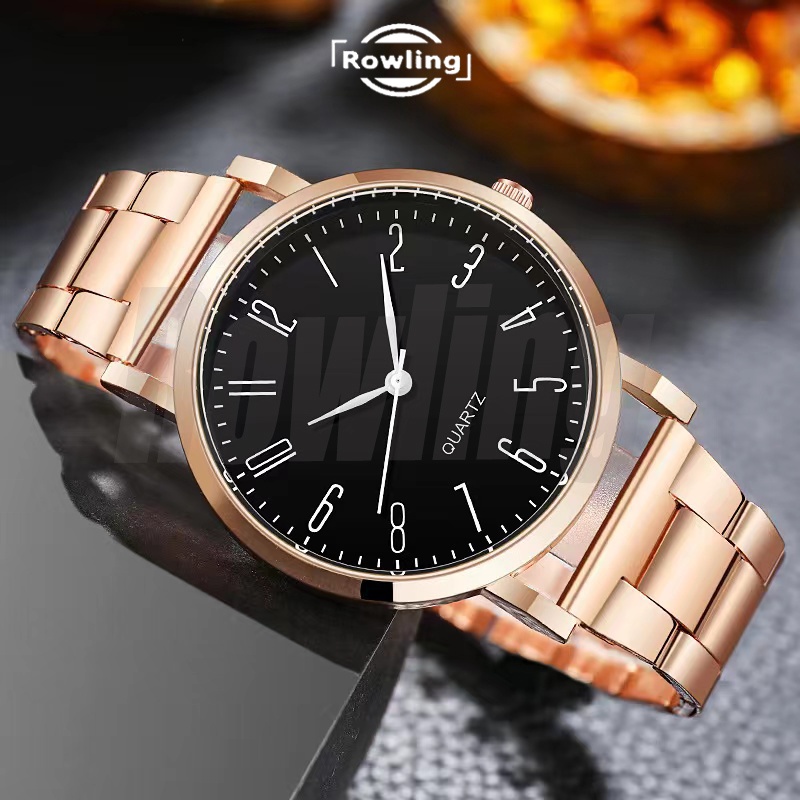 Rowling (Jam- 75) Jam Tangan Quartz Luminous Strap Stainless Steel Warna Rosegold Casual Fashion Untuk Pria Import