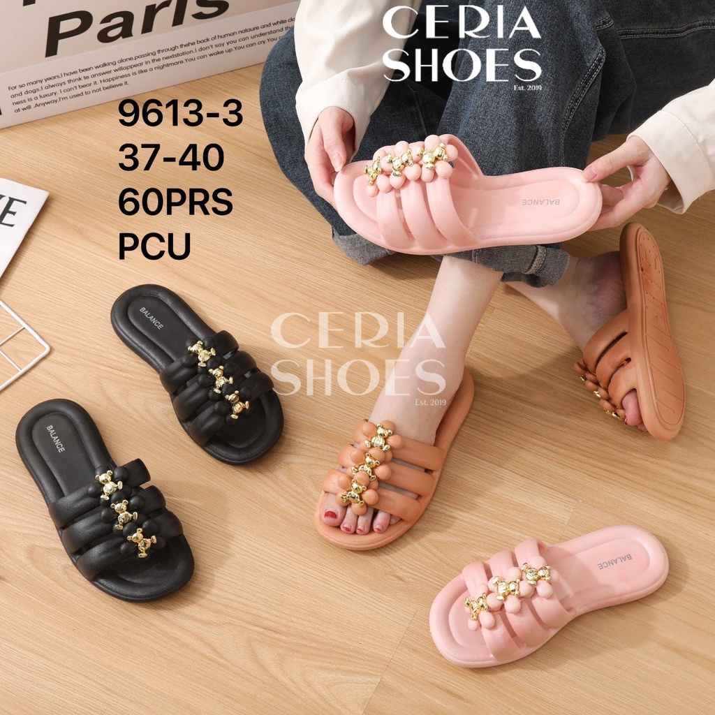 BALANCE Sandal Slop Wanita Jelly Karet Import Bahan Elastis Empuk Tebal Motif Accesoris Bunga Pita 9613-3