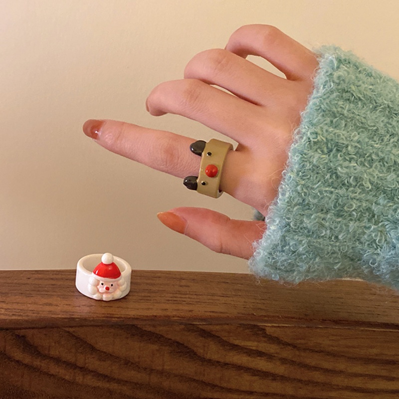 Cincin Desain Kartun Santa Elk Snowman Pohon Natal Bahan Resin Untuk Wanita