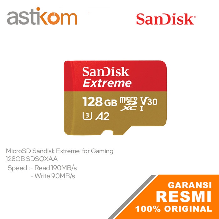 MicroSDXC MicroSD Sandisk Extreme 128GB 190MB/s 90MB/s A2 for Gaming