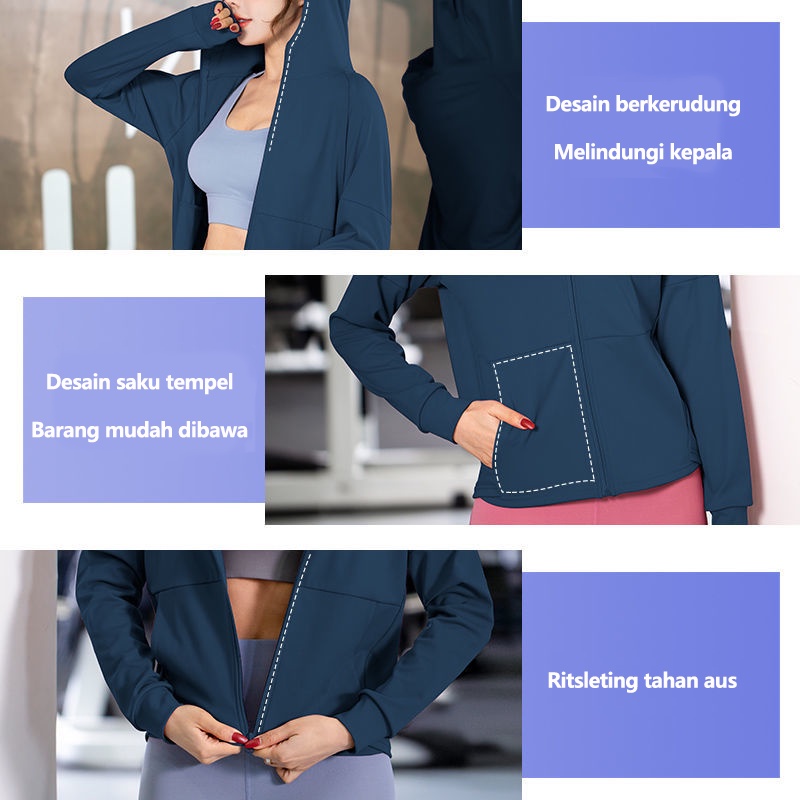 WiZi Tops Olahraga Longgar Wanita Baju Olahraga Lari Fitness Cepat Kering Ukuran besar Berkerudung Jacket UPF 50+ /Anti UV