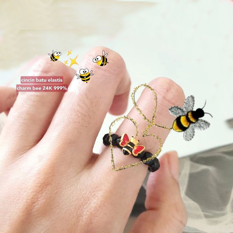 cincin hongkong krystal batu elastis variasi emas 24k 999 charm baby mini lebah bee warna/cat
