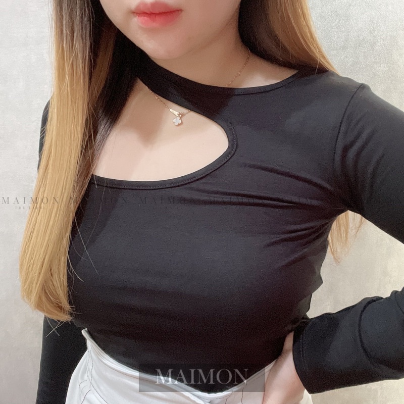 Long Sleeve Asymmetric Cut Out Top | Atasan Spandex Wanita Korean Fashion | Maimon Grosir
