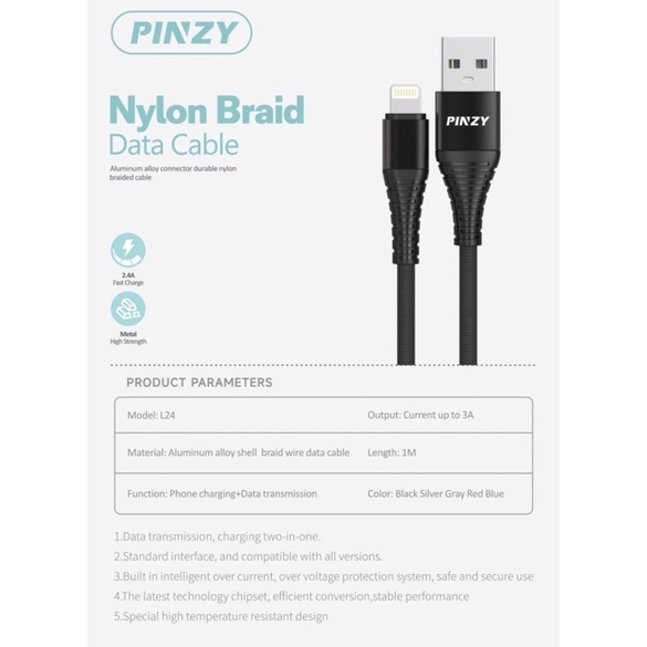 Kabel Data PINZY C24 USB Type C Nylon Braid 2.4A Fast Charging - Charger C24 -