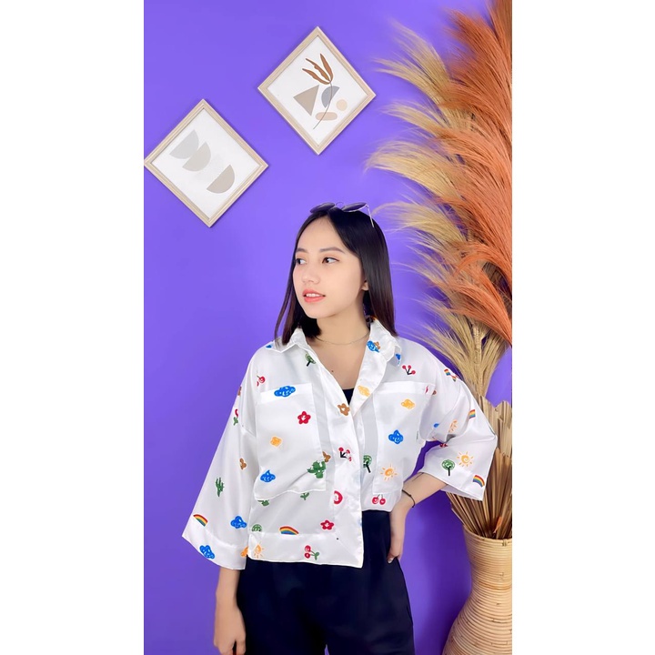 BEFAST - ZRX OOTD Kemeja DIO / Kemeja Crop Linen Kioyowo Pocket / Kemeja Crop Wanita Terbaru / Pakaian Wanita Casial / HEM Crop Lengan Panjang / Fashion Kekinian Remaja ABG Trendy / Keemeja Motif Terlaris / Outift Wanita Hangout