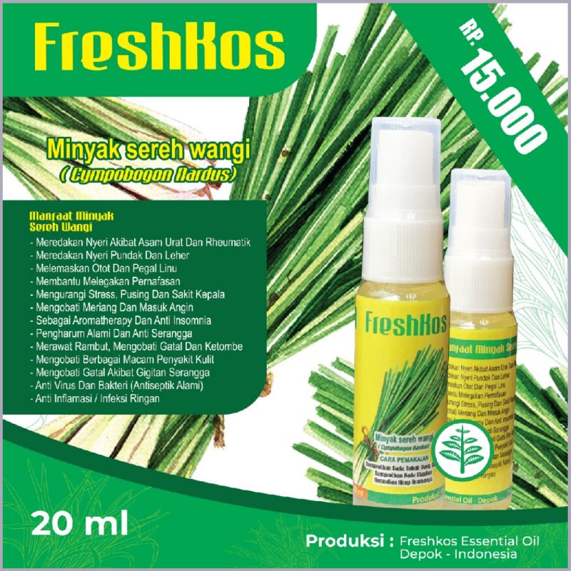 FRESHKOS Minyak sereh wangi asli 20ml obat herbal asam urat rematik nyeri otot dan pegal linu dll