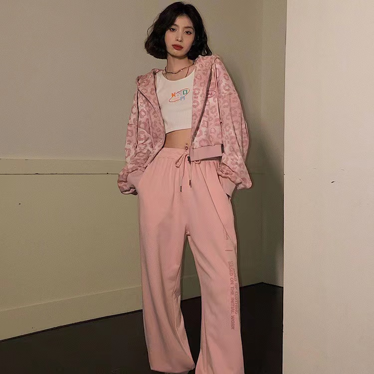 Nico##Retro Longgar Berkerudung Sweater Pink Leopard Print Jaket Pendek Mantel Wanita