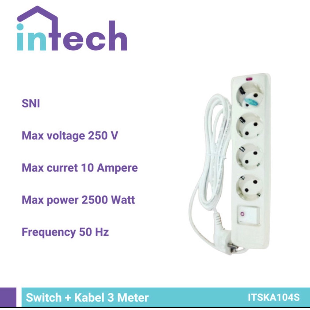 Intech Stop Kontak 3 Lubang + 1 switch + kabel 3 meter / 4 Lubang + 1 Switch + Kabel 3 Meter