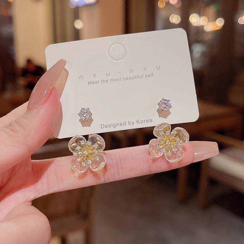 Anting Tusuk Motif Bunga Hias Kristal Zircon Imitasi Simple Untuk Wanita