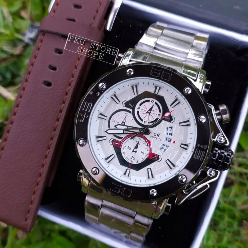 Jam Tangan Pria Mirete Import 2 Tali Quart Analog Sporty Original Tanggal Dan Hari aktif | Strap Rantai Stainlees steel Free Box Bestseller Anti Air Mewah Elegan Water Resistant | Jam Tangan Kasual Pria MIRETE ORIGINAL RANTAI STAINLEES STEEL COD