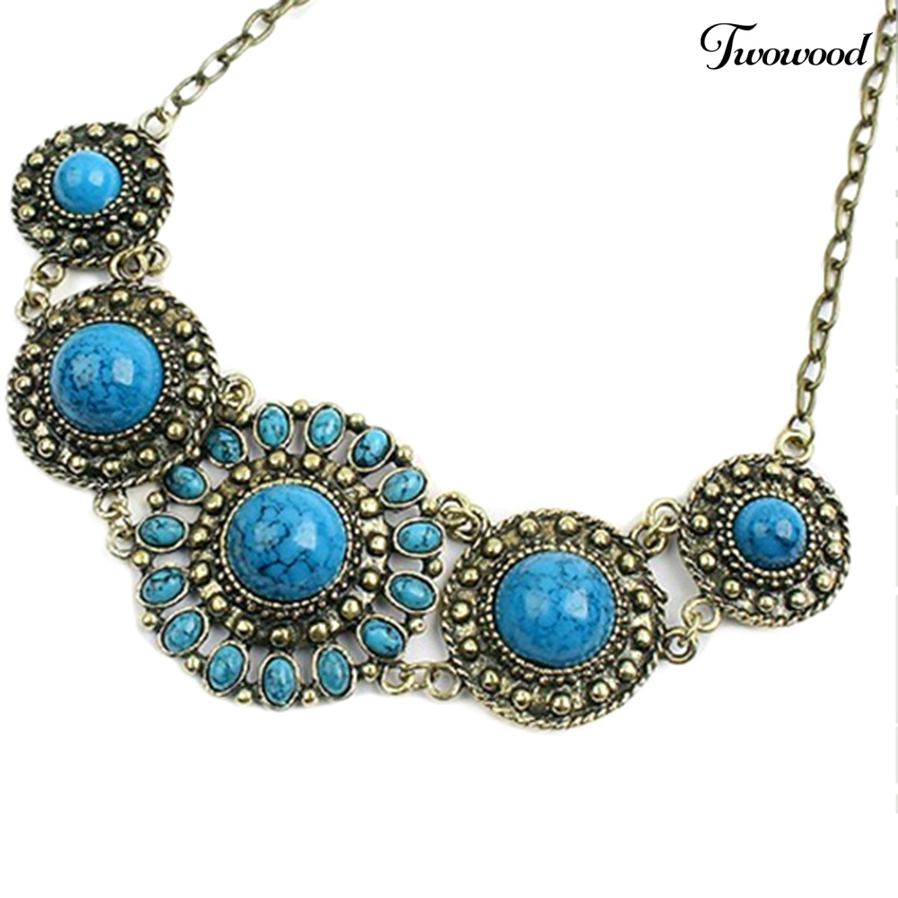 Kalung Liontin Batu Turquoise Biru Bentuk Bulat Gaya Vintage Bohemian Untuk Wanita