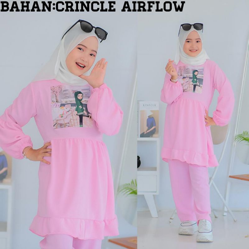 USIA ANAK TANGGUNG+One Set Anak Perempuan Viral Slebew katun crinkle airflow+Setelan Sablon Anak Wan