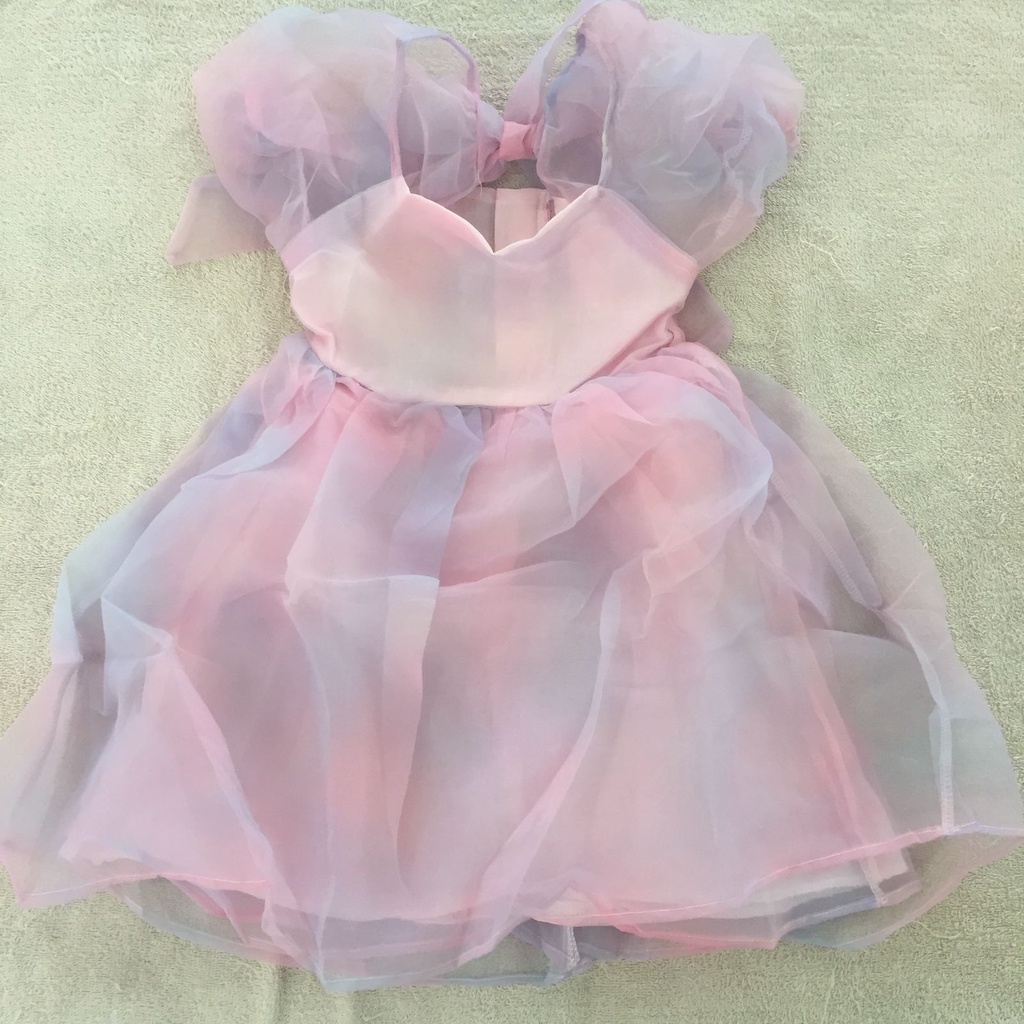 Dress rainbow anak import 3-11th lengan balon pita besar organza