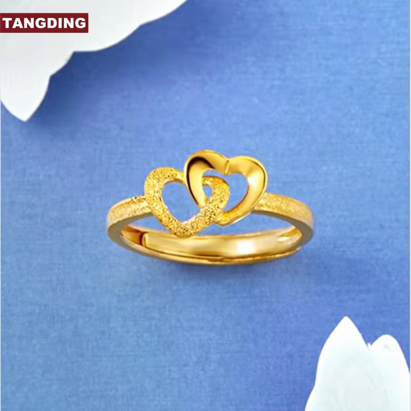 Cincin Model Terbuka Adjustable Desain Hati Ganda Warna Emas Gaya Elegan Untuk Wanita