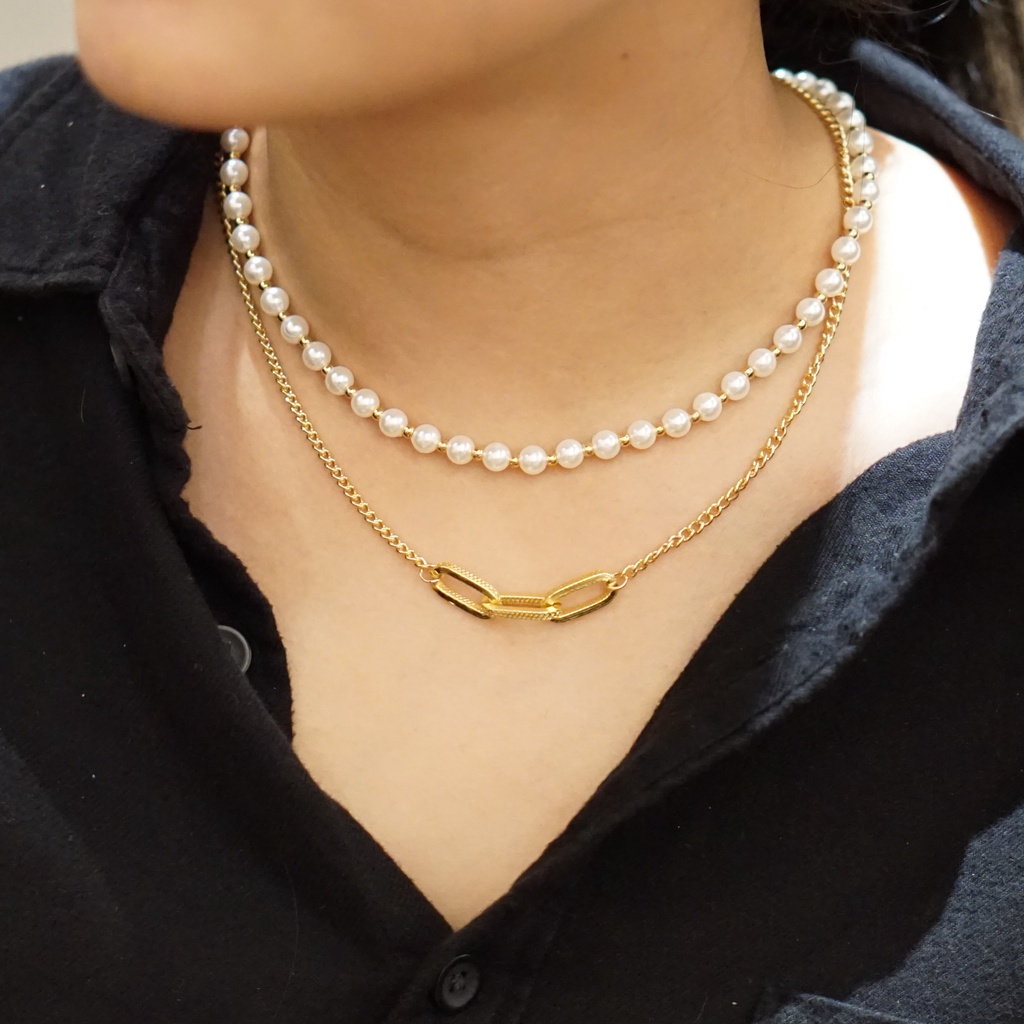 2 Layer Pearl & Chain Necklace Gold | Kalung Mutiara Rantai emas 2 layer