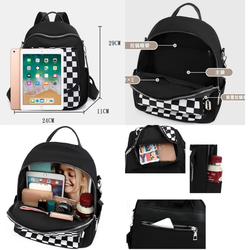 TAS RANSEL WANITA IMPORT ANTI AIR MOTIF CATUR HITAM TA704B5 GENDONG PUNGGUNG KOREA VERMONA SEKOLAH KULIAH KERJA BACKPACK CEWEK MURAH REMAJA KEKINIAN SIMPLE BRANDED BATAM LUCU