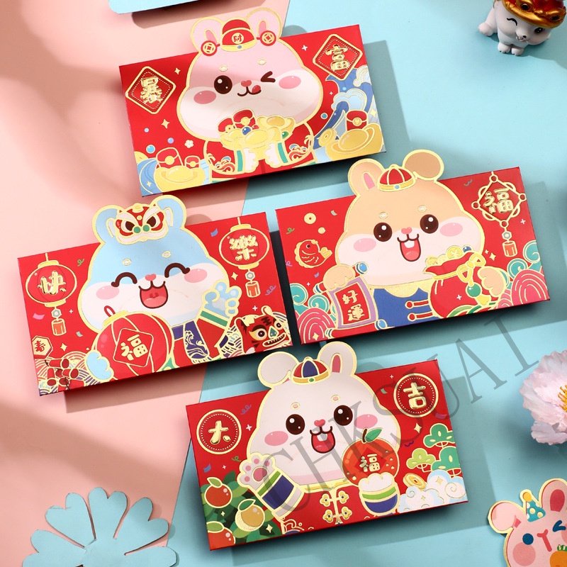 6pcs / set Amplop Angpao Motif Kartun Kelinci Warna Merah Untuk Tahun Baru Cina 2023