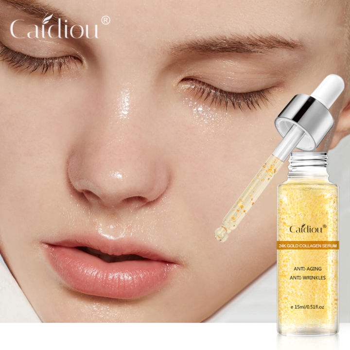 CAIDIOU Serum Anti Kolagen Emas 24K Kosmetik Perawatan Kulit Penuaan Pengecil Pori-pori Serum Wajah Minyak Esensial Serum Pelembap Pengencang Kulit-15ml