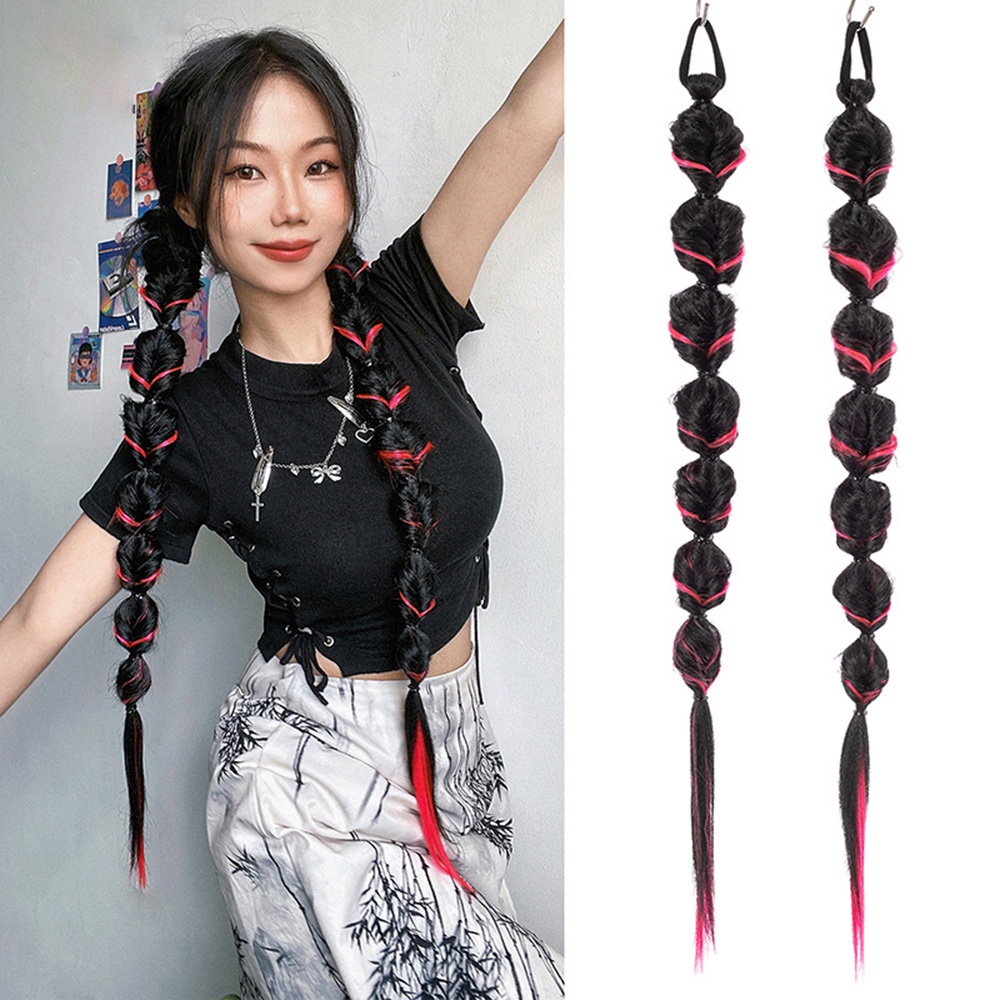 1 Pasang Rambut Palsu Model Kepang Panjang 60cm Warna Merah Untuk Wanita
